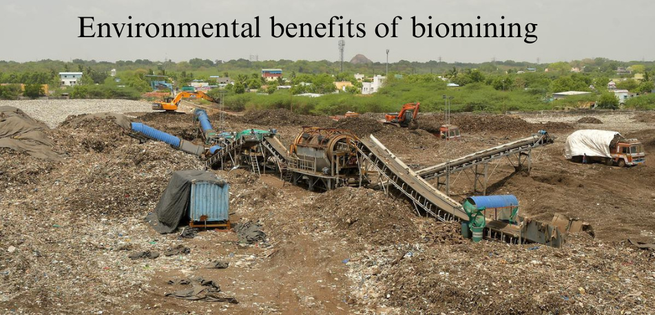 What are the environmental benefits of biomining compared to conventional mining and smelting processes?