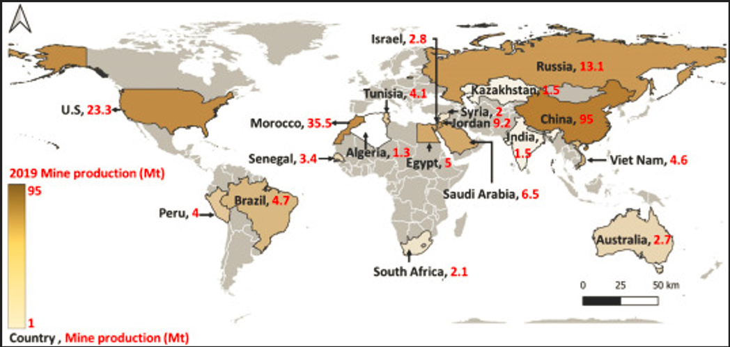 How do phosphate mineral deposits form, and where are the largest global sources located?