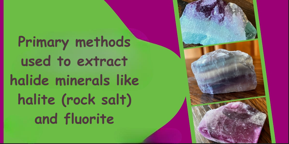 What are the primary methods used to extract halide minerals like halite (rock salt) and fluorite?