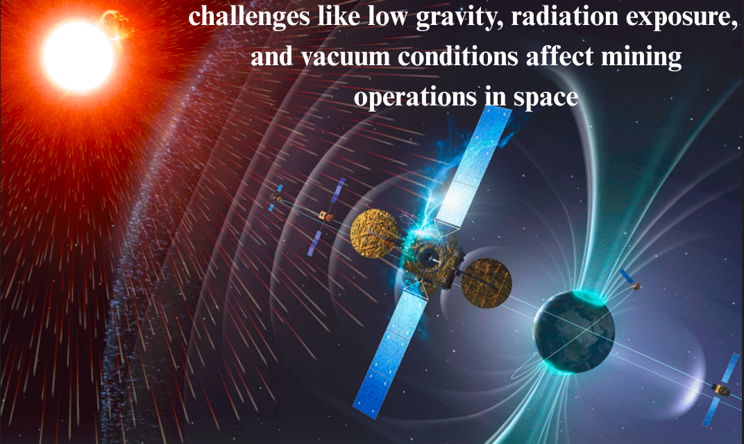 How do challenges like low gravity, radiation exposure, and vacuum conditions affect mining operations in space?